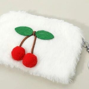 Bag charm Key holder Fluffy White Cherry Keychain Pouch